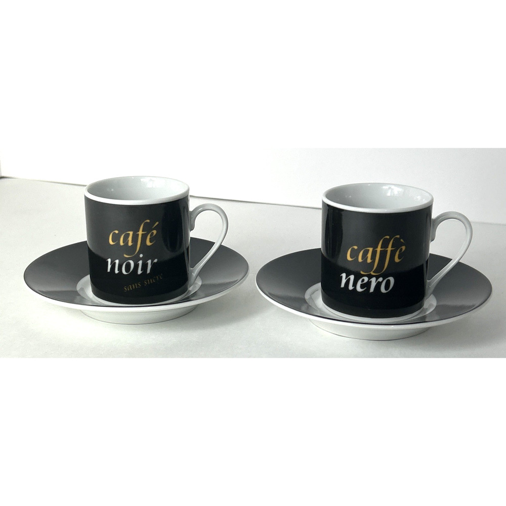 Set of 2 Black White Coffee Espresso Cups Saucers Caffe Noir Caffe Nero Godinger